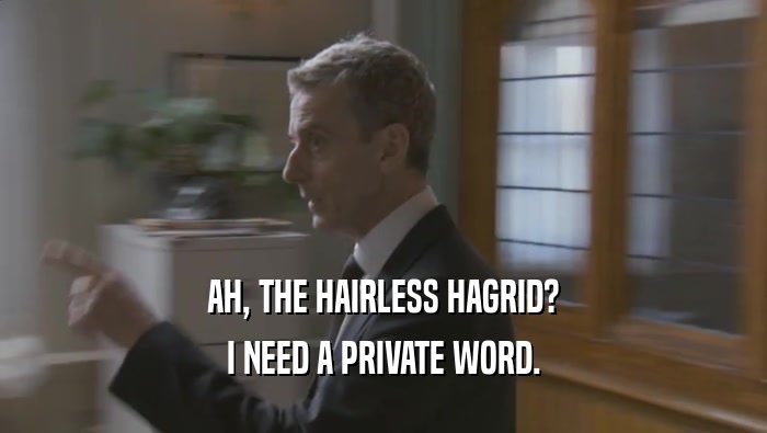 AH, THE HAIRLESS HAGRID? I NEED A PRIVATE WORD. I NEED A PRIVATE WORD.