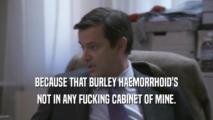 BECAUSE THAT BURLEY HAEMORRHOID'S NOT IN ANY FUCKING CABINET OF MINE. 