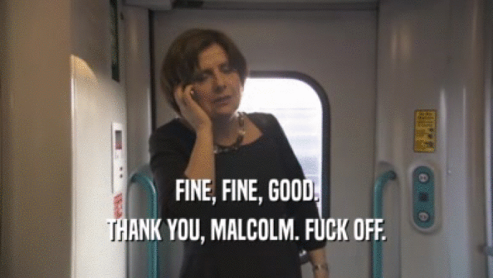 FINE, FINE, GOOD. THANK YOU, MALCOLM. FUCK OFF. 