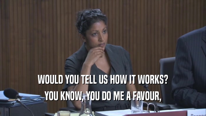 WOULD YOU TELL US HOW IT WORKS? YOU KNOW, YOU DO ME A FAVOUR, YOU KNOW, YOU DO ME A FAVOUR,