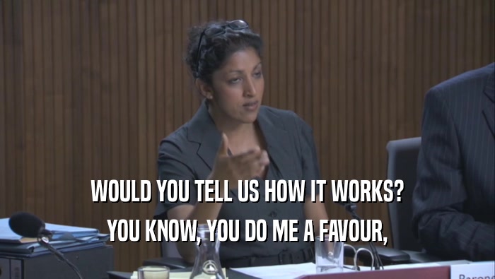 WOULD YOU TELL US HOW IT WORKS? YOU KNOW, YOU DO ME A FAVOUR, YOU KNOW, YOU DO ME A FAVOUR,