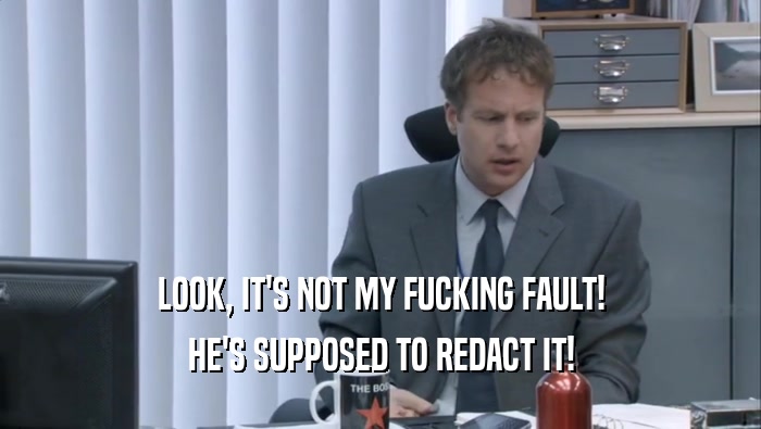LOOK, IT'S NOT MY FUCKING FAULT! HE'S SUPPOSED TO REDACT IT! 