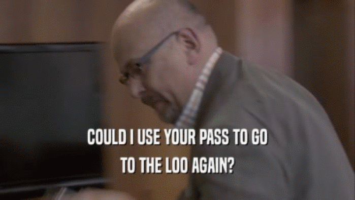 COULD I USE YOUR PASS TO GO TO THE LOO AGAIN? 